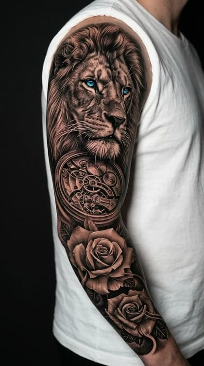 Tatuagem realista de leão com olhos azuis vibrantes, mecanismo de relógio e rosas em preto e cinza no braço de um homem.