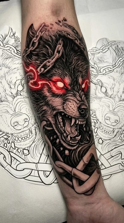 Tatuagem de lobo furioso em estilo Realismo Black and Grey com olhos vermelhos brilhantes e correntes rompidas no antebraço.