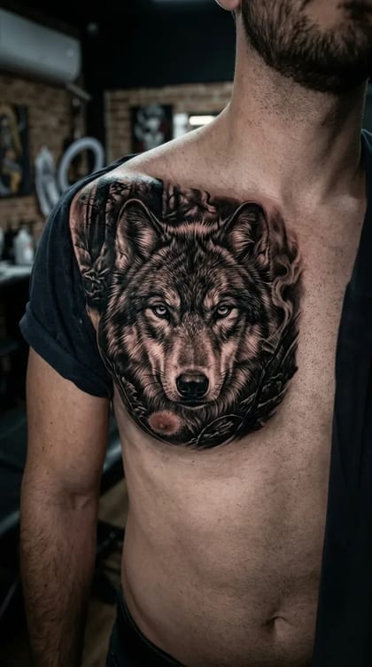 Tatuagem realista de lobo em preto e cinza no peito de um homem, com fundo de floresta escura.