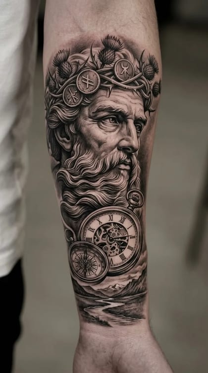 Tatuagem realista preto e cinza no antebraço de um homem, apresentando um busto clássico com barba e coroa de cardos, um relógio de bolso, uma bússola e uma paisagem montanhosa com rio.
