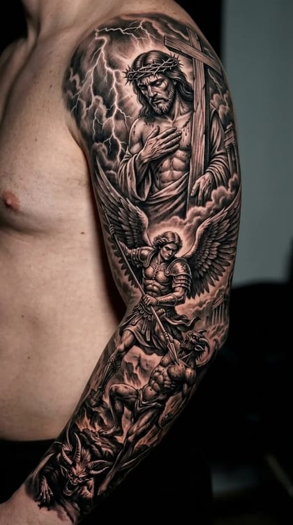 Tatuagem realista em preto e cinza de Jesus Cristo com coroa de espinhos e cruz, Arcanjo Miguel combatendo demônios em um braço masculino.
