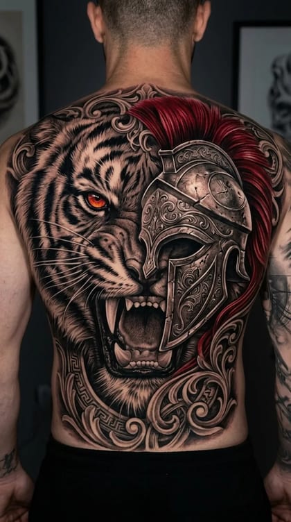 Tatuagem de fechamento de costas com tigre realista e capacete espartano em preto e cinza com olhos e crista vermelhos.
