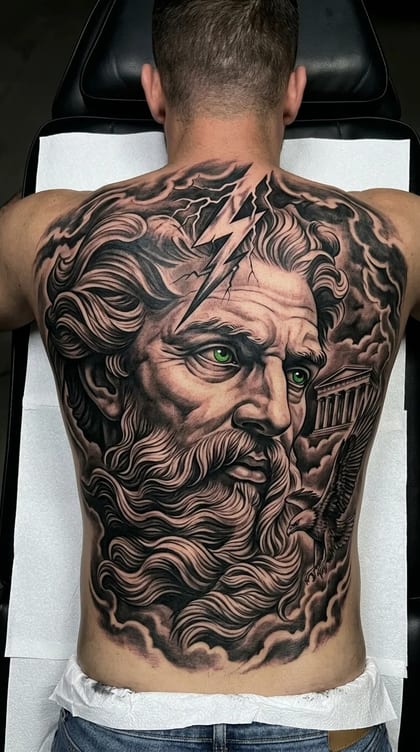 Tatuagem realista de Zeus em preto e cinza cobrindo as costas de um homem, com raios, nuvens, águia e templo grego.